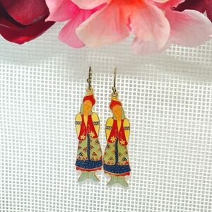 Vintage Oriental Lady Cloisonne Dangle Earrings